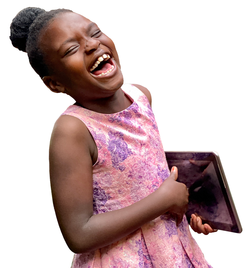 African girl holding a tablet and smiling
